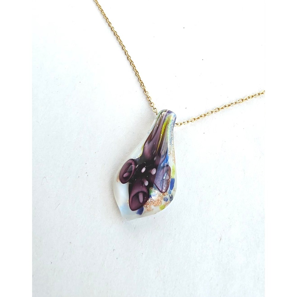 Vintage Art Glass Pendant Necklace Gold Plated Chain Purple Gold Fleck Teardrop
